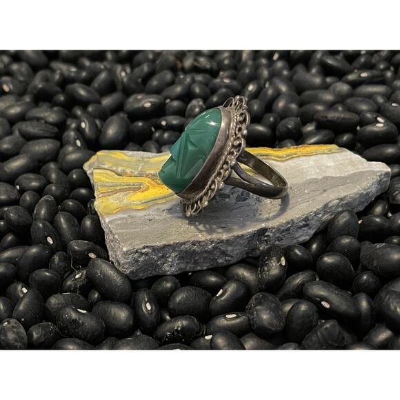 Mexico Sterling Silver Carved Green Onyx Aztec Mayan Face Ring🌵Size 6 - Picture 4 of 8